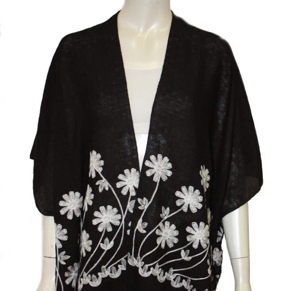 Black Floral Embroidered Shawl Cardigan